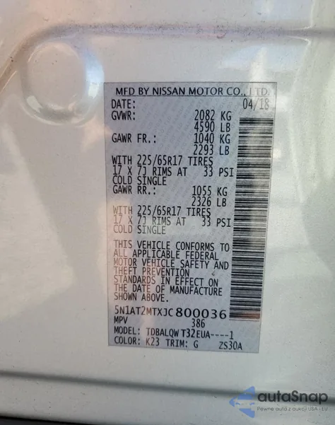 2018 Nissan Rogue S из США, поврежденный, VIN 5N1AT2MTXJC800036